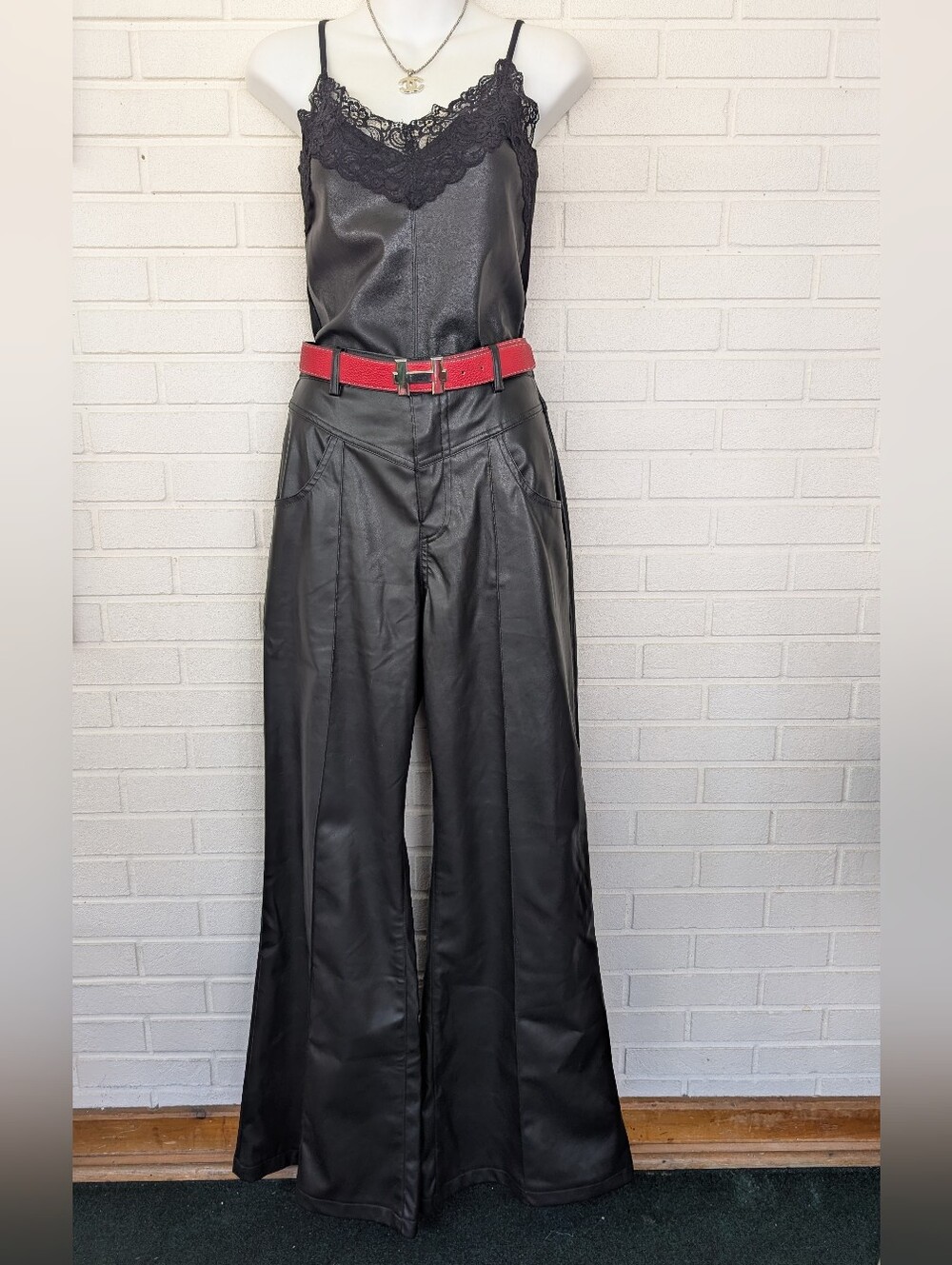 NWOT PrettyLittleThing Black Wide-Leg Faux Leather Pants with Red Belt